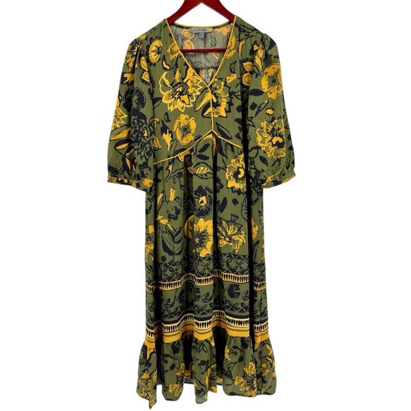 figueroa & flower Dresses & Skirts - FIGUEROA & FLOWER Women's Green Floral V-Neck A-LIne Midi Dress Large